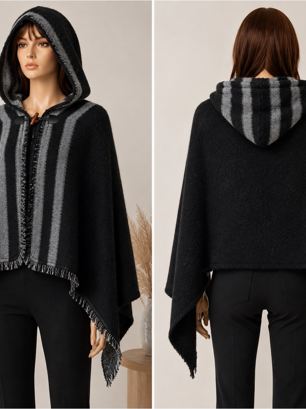 Tahari Black Hooded Poncho with Gray Stripe Accents